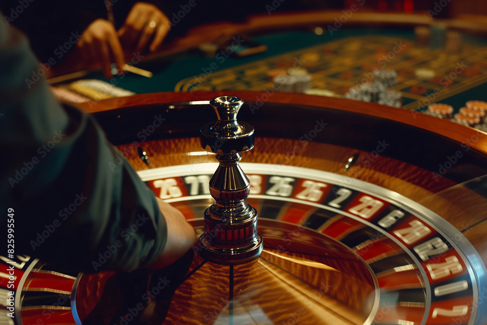 Spinning roulette in a casino, the roulette divisions are blurred in motion Spinning roulette in a casino, the roulette divisions are blurred in motion