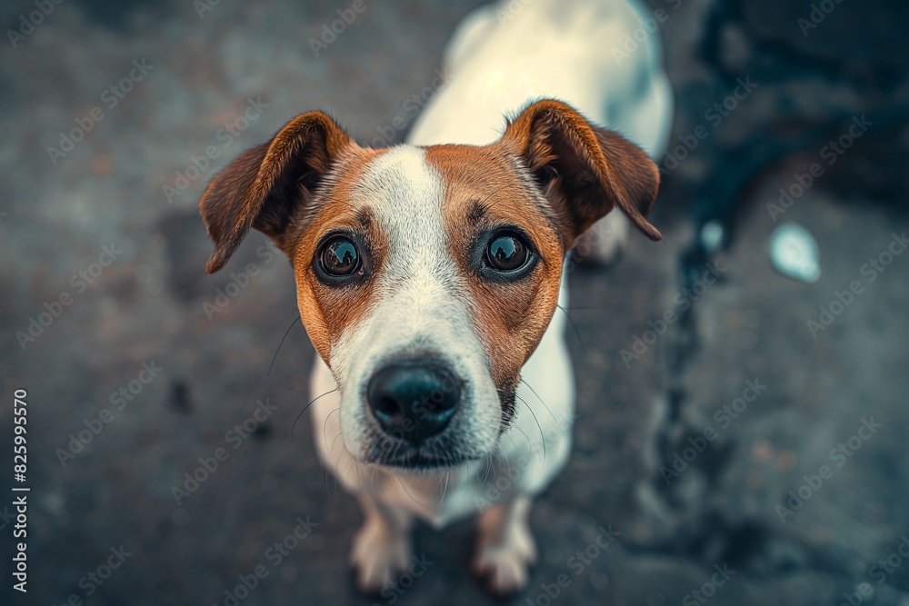 An adorable dog is captured looking up at the camera with wide, expressive eyes full of curiosity and affection. The background is softly blurred. An adorable dog is captured looking up at the camera with wide, expressive eyes full of curiosity and affection. The background is softly blurred.