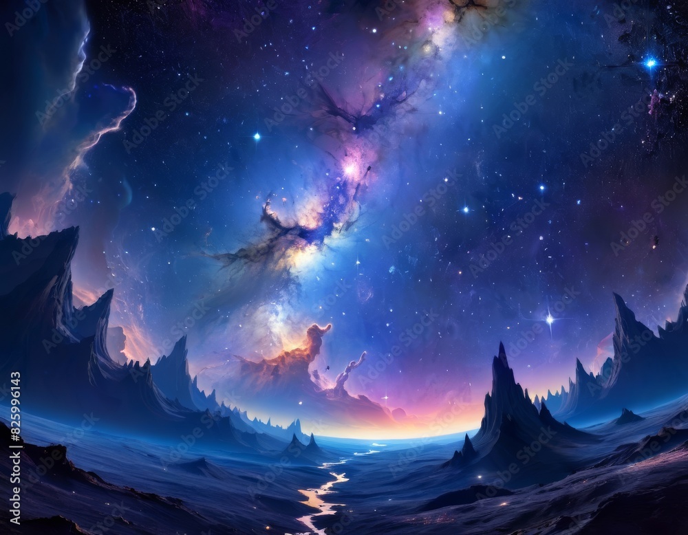 Fototapeta premium A surreal cosmic vista unfolds with vibrant nebulas and twinkling stars over sharp, icy mountain peaks, creating an ethereal night sky.. AI Generation