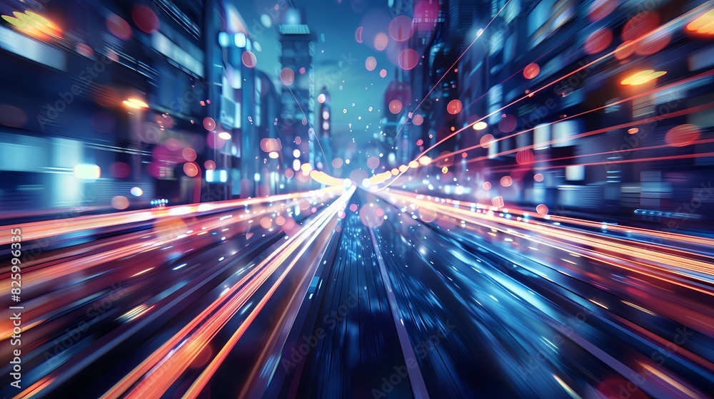A thrilling scene of a high-speed race through a futuristic city, with a defocused backdrop of vibrant particles A thrilling scene of a high-speed race through a futuristic city, with a defocused backdrop of vibrant particles