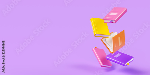 Flying closed and open books with bright hardcover on purple banner. Cartoon 3d render illustration of soar paper literature for school education and library concept. Floating brochure for bookstore.
