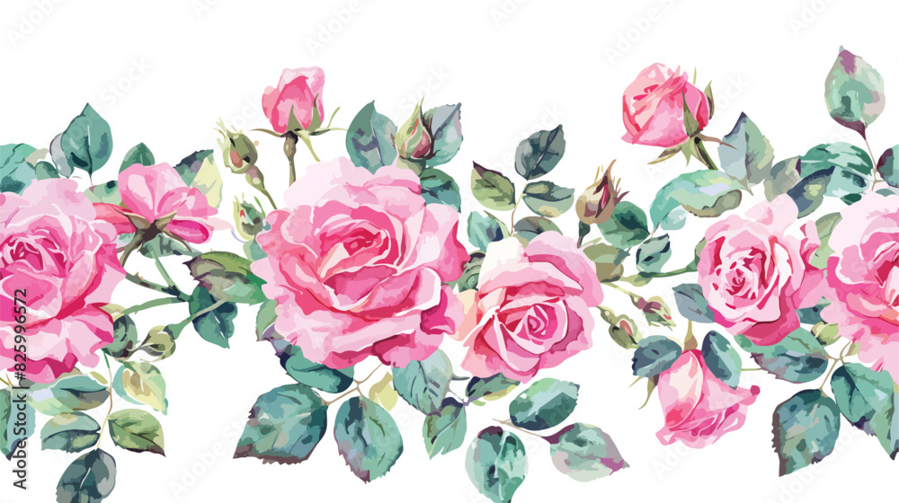 Seamless border with watercolor flowers pink roses ha