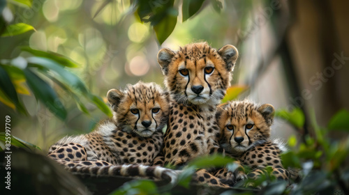 Cheetah family resting among green leaves in natural habitat photo