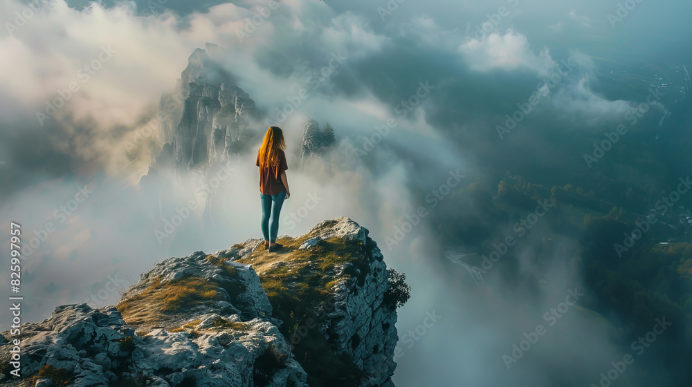 Woman standing on mountain peak above the clouds