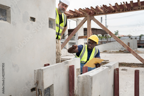 Portrait happy African American engineer man working with caucasian engineer man at precast cement outdoor factory	