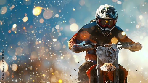 A thrilling scene of a motocross race, with a defocused backdrop of vibrant particles -