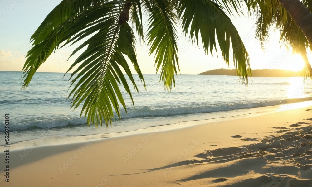 Palm tree leaves frame a tropical beach at sunset
