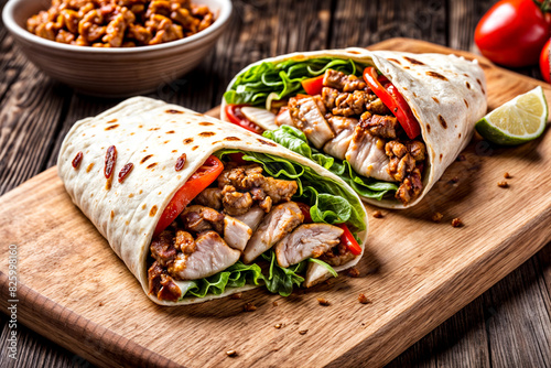 Fresh chicken shawarma wrap on wooden board. Savory chicken shawarma with vegetables and herbs on a rustic wooden serving platter. Food service concept. Copy ad text space. Generate Ai