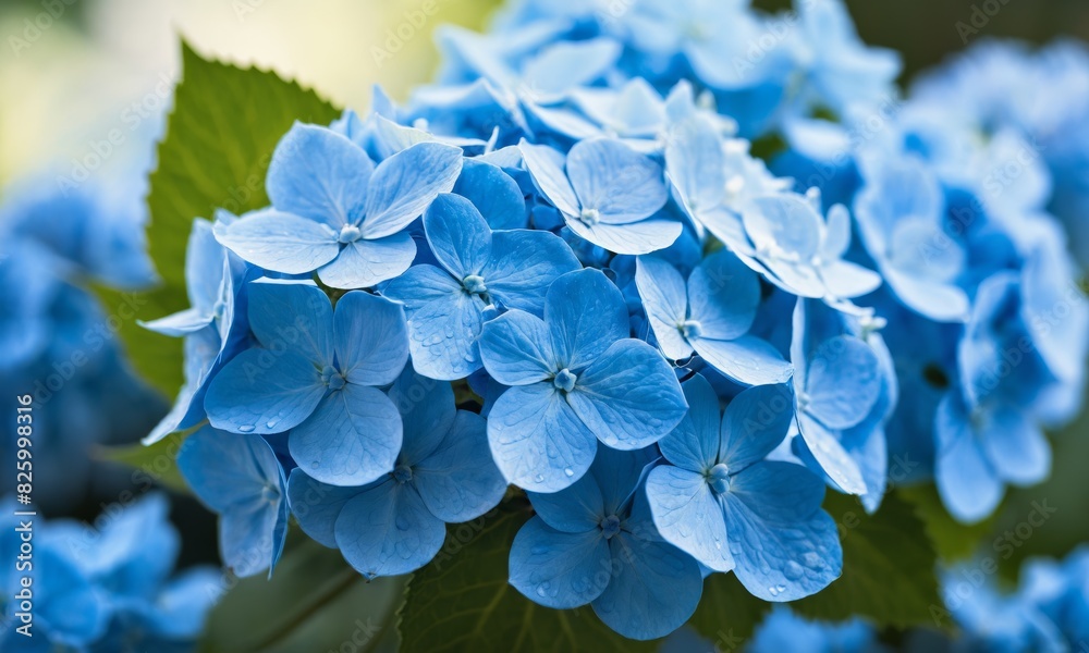 Delicate blue hydrangea blooms with water droplets Delicate blue hydrangea blooms with water droplets