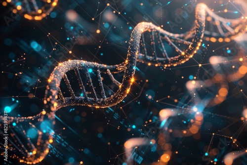 Starry DNA double helix with blue highlights on a dark background, symbolizing the intersection of genetics and cosmic science in a visually stunning illustration