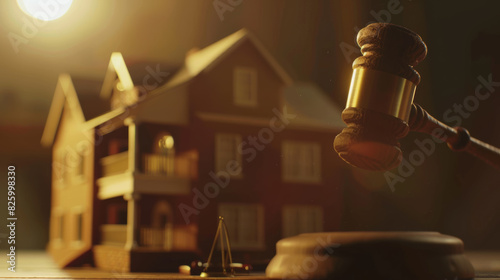 Wooden gavel on a desk with a house model in the background - a symbol of real estate law. photo