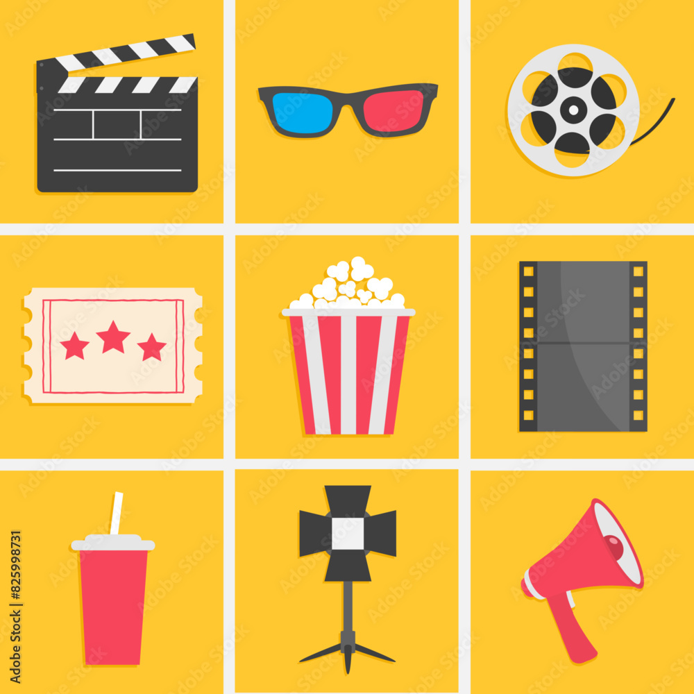Cinema icon set. Popcorn box Movie reel Open clapper board Ticket Admit one three stars. Soda glass straw, film strip, 3d glass, light projector, loud speaker. Yellow background. Flat design. Vector