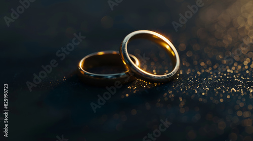 Golden wedding bands softly gleaming with bokeh lights in the romantic background.