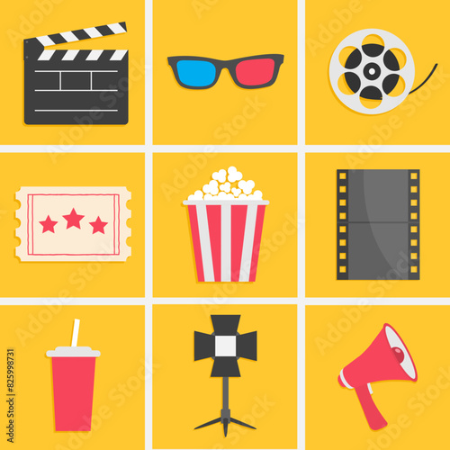 Cinema icon set. Popcorn box Movie reel Open clapper board Ticket Admit one three stars. Soda glass straw, film strip, 3d glass, light projector, loud speaker. Yellow background. Flat design. Vector