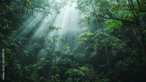 Sunlight streaming through lush green rainforest canopy
