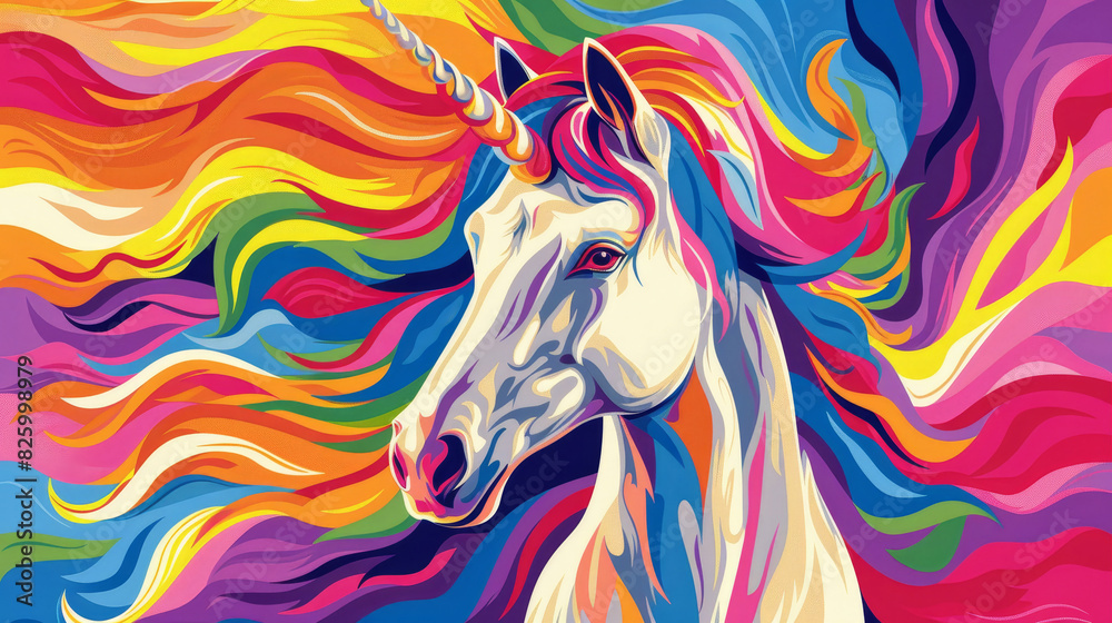 A colorful unicorn with a rainbow mane and tail. The unicorn is the main focus of the image, and the colors of the mane and tail create a sense of whimsy and magic. Scene is playful and imaginative