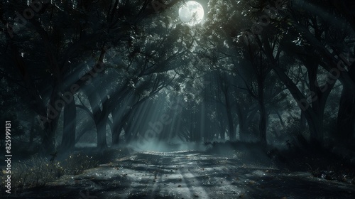 Moonlight filtering through the trees of a dark forest  casting an enchanting glow and creating a pattern of light and shadow on the ground.