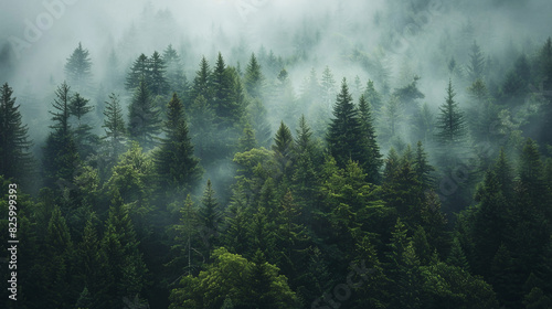 Dense misty evergreen forest in mountainous region photo