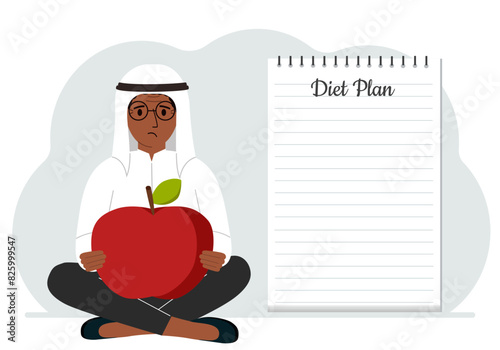 Diet plan illustration. A man sits cross-legged and holds a large red apple. The concept of diet food, meal planning, nutrition consultation. Vector flat illustration