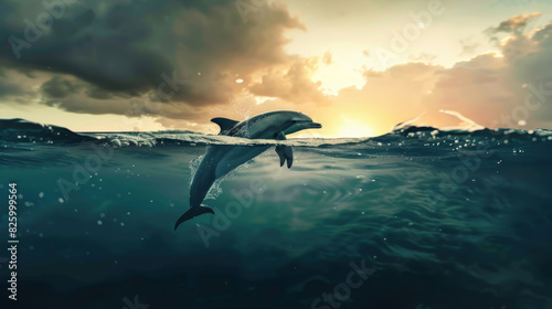 Dolphin's grace in the ocean, a dance with the waves at dusk's light. © VK Studio