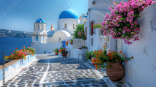 Fototapeta Naklejka Na Ścianę i Meble -  The Greek island of Santorini is picturesque, with its iconic white buildings and blue domes overlooking the sea. The cobbled streets are lined with traditional floral courtyards