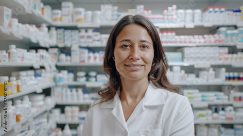 Smiling pharmacist standing confidently in a well-stocked pharmacy.