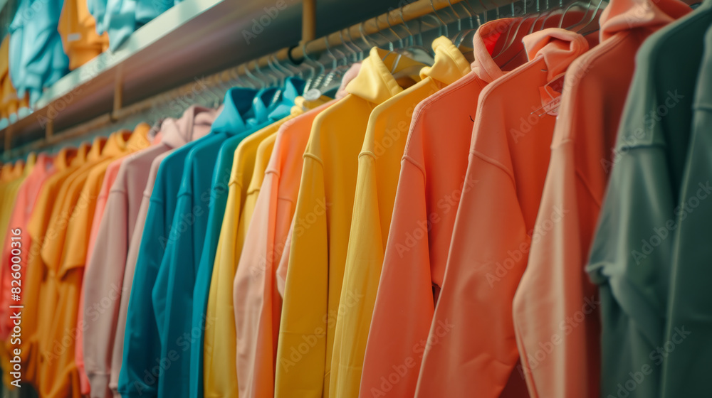 Vivid array of sweatshirts on display in a colorful clothing store. Vivid array of sweatshirts on display in a colorful clothing store.