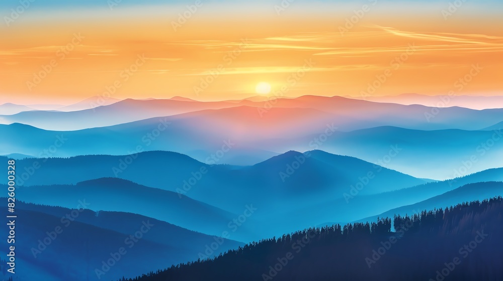 Obraz premium Silhouette of mountain range against vibrant sunset sky.