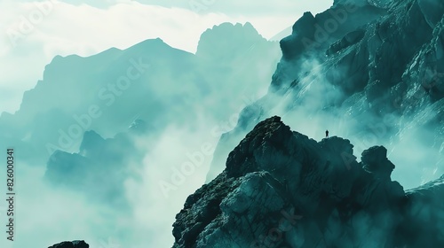 Solitary figure standing on a mountain peak amidst swirling clouds.