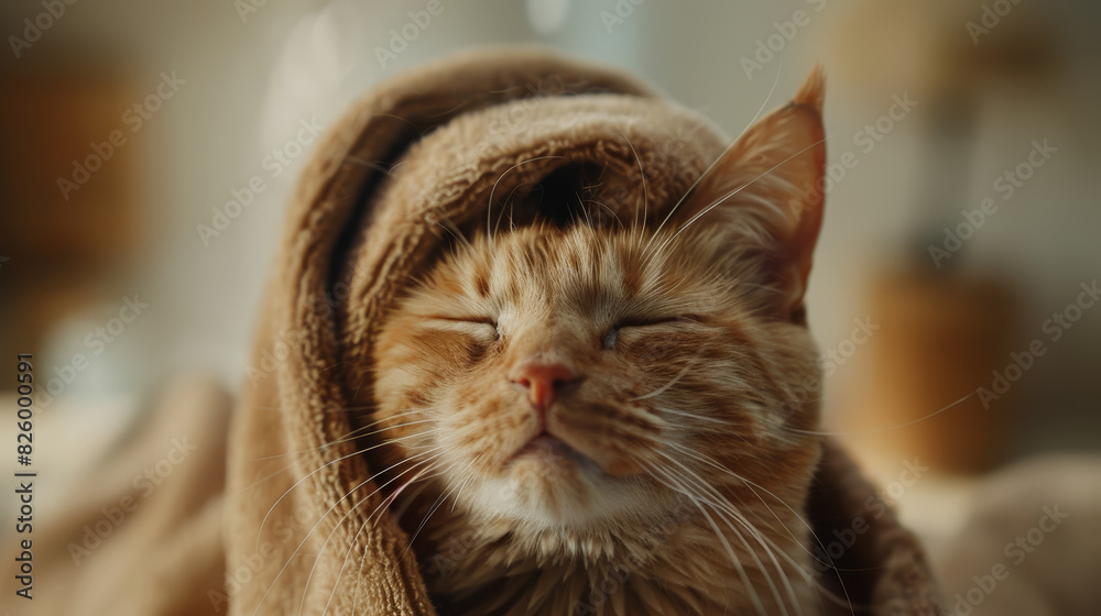 Cozy tabby cat wrapped in towel, purring with contentment.