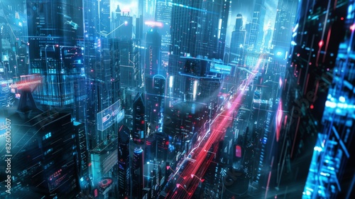 A futuristic cityscape with digital displays and holographic projections © fledermausstudio