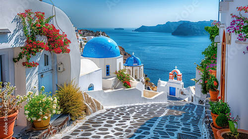 Fototapeta Naklejka Na Ścianę i Meble -  The Greek island of Santorini is picturesque, with its iconic white buildings and blue domes overlooking the sea. The cobbled streets are lined with traditional floral courtyards