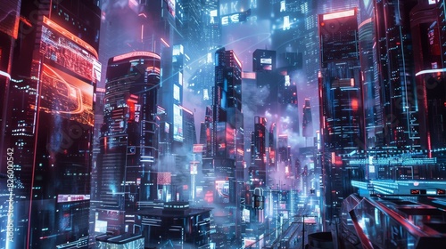 A futuristic cityscape with digital displays and holographic projections