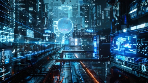 A futuristic cityscape with digital displays and holographic projections photo