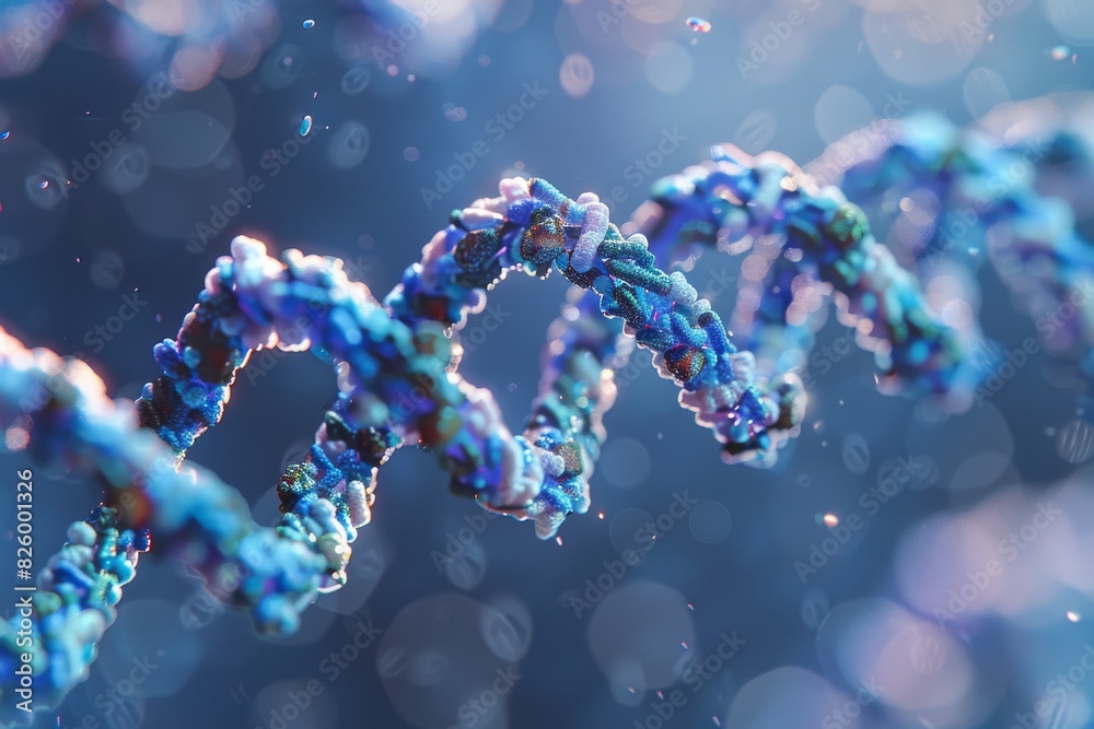 Artistic DNA strand with blue and purple hues, capturing the fusion of genetic science and artistic expression in a vibrant digital illustration