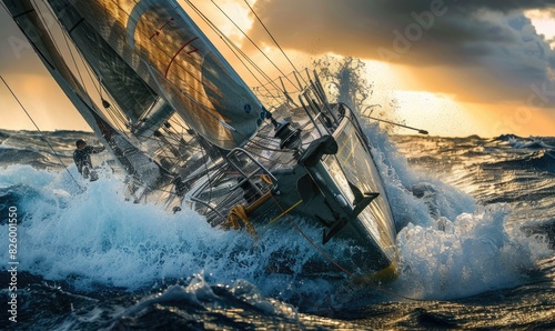 A sport sailboat is rushing through the rough sea