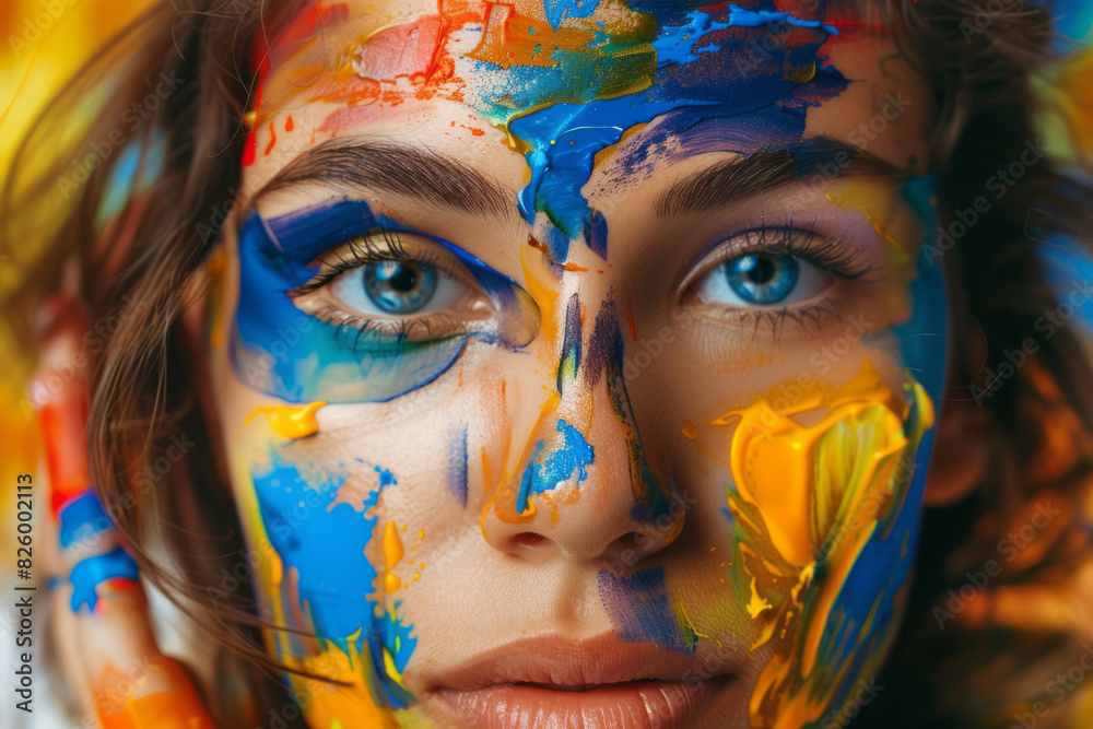 Obraz premium Close-up of woman with colorful face paint and bright blue eyes