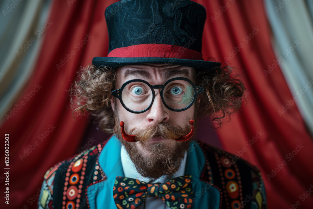 Fototapeta premium Whimsical comedian with curly hair and quirky glasses