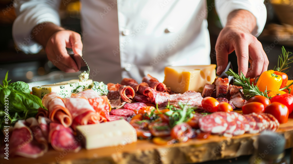A chef meticulously curates a platter with an exquisite array of fine charcuterie.