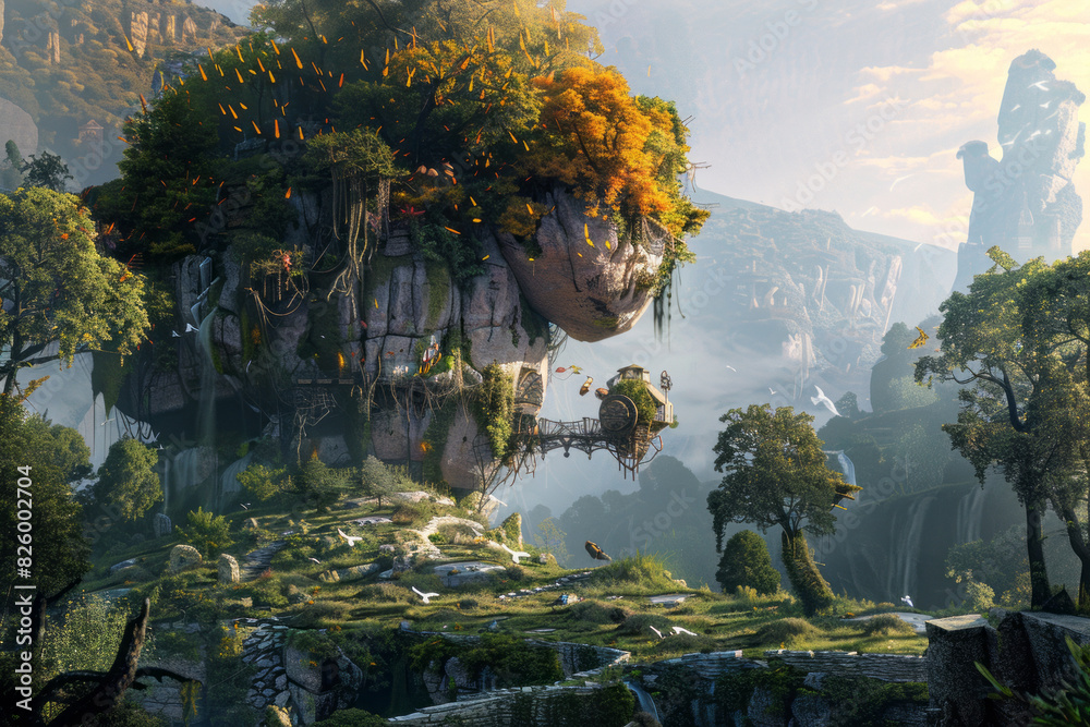 Surreal floating island with a house surrounded by lush forest Surreal floating island with a house surrounded by lush forest