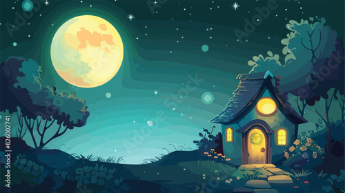 Summer countryside landscape with house at night. 