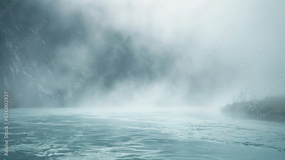 The glacial river engulfed by mist and fog creating a mysterious and ethereal atmosphere. The glacial river engulfed by mist and fog creating a mysterious and ethereal atmosphere.