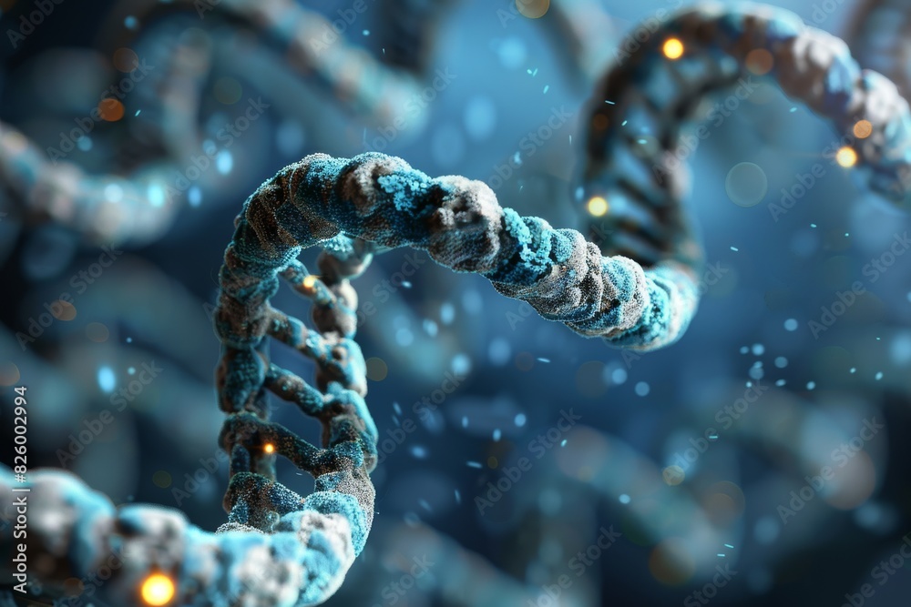Artistic 3D rendering of a DNA strand with green and white particles, highlighting the fusion of genetics and art in a vibrant, visually stunning illustration Artistic 3D rendering of a DNA strand with green and white particles, highlighting the fusion of genetics and art in a vibrant, visually stunning illustration