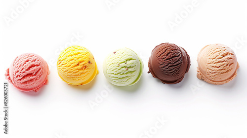 Bright and colorful ice cream photography, assorted flavors, isolated on a white background, crisp and clean image