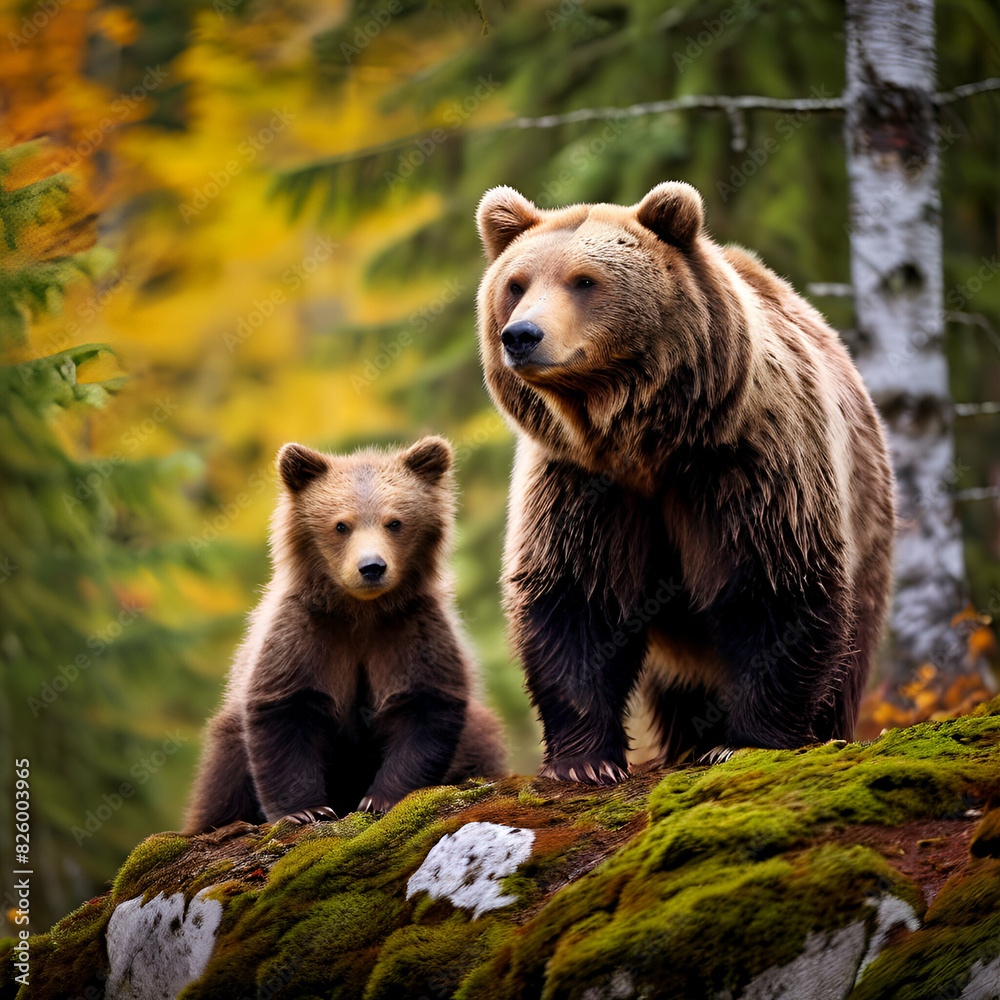 group of brown bears ursus arctos mother with older cub in autumn european forest bear tree background, group of brown bears ursus arctos mother with older cub in autumn european forest bear tree background,