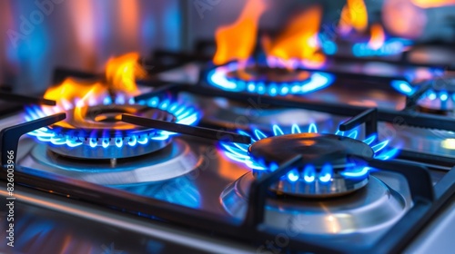 A detailed view of a gas stove emitting blue flames, showing the intensity and heat of the burner.