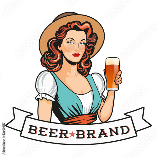 Beautiful vintage retro style woman holding a pint of beer. Beer brand, symbol or label