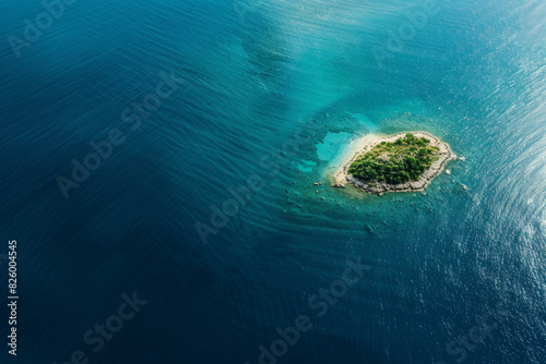 Minimalist aerial view of a small island surrounded by a vast expanse of blue sea  highlighting the isolation and simplicity. 