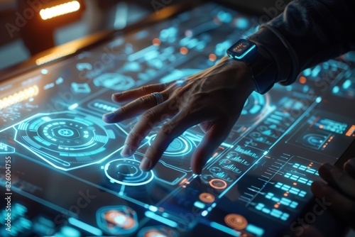person using an advanced touchscreen interface with holographic elements