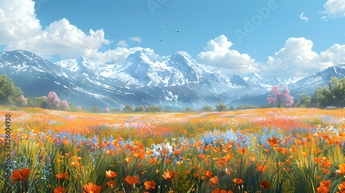 A picturesque meadow filled with colorful wildflowers and buzzing bees List of Art Media Photograph inspired by Spring magazine